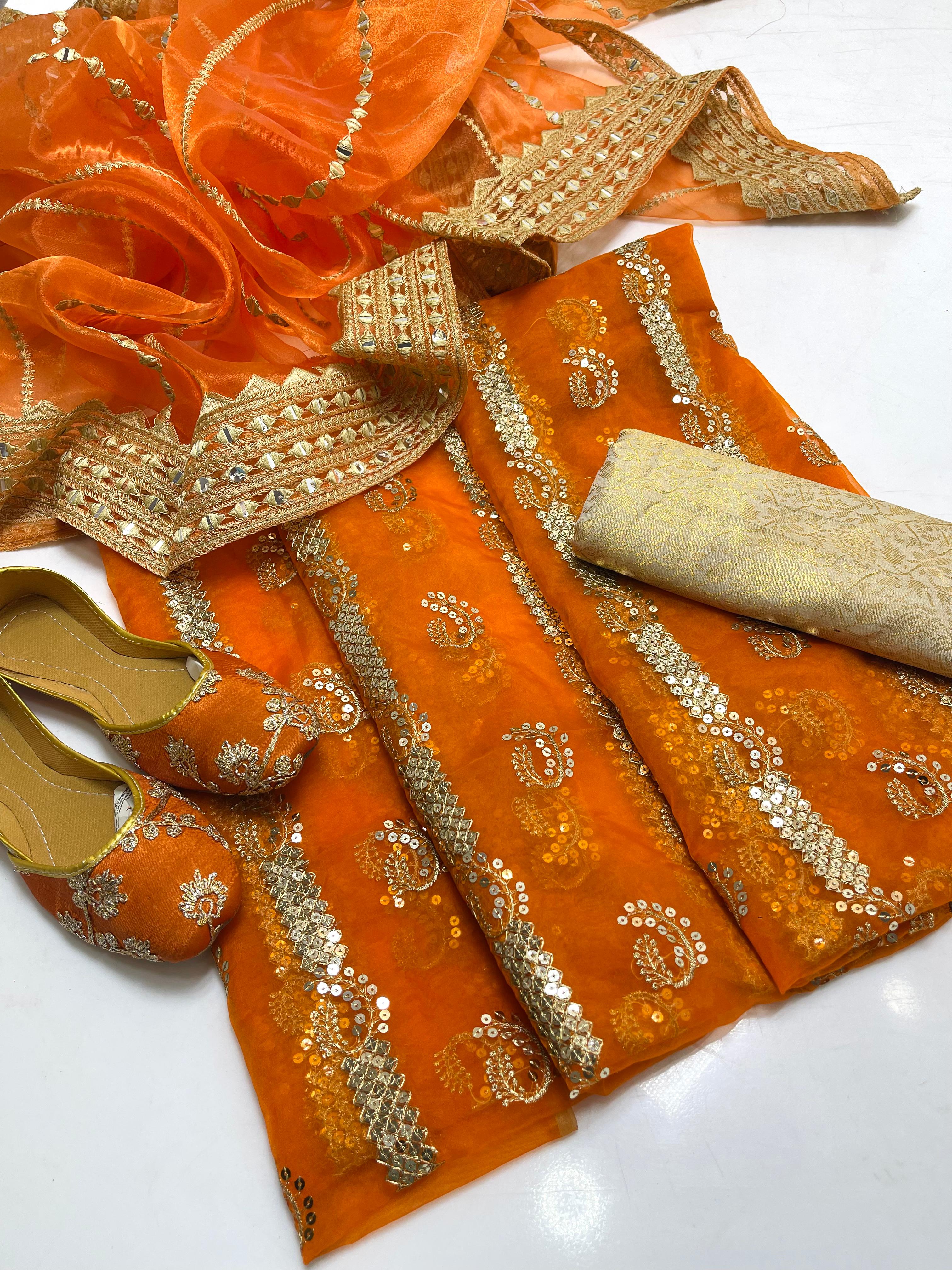 Organza embroidery front back same shirt 
Tissue beautiful embroidery work duppata 
Jamawar banarsi trouser 
With khusa