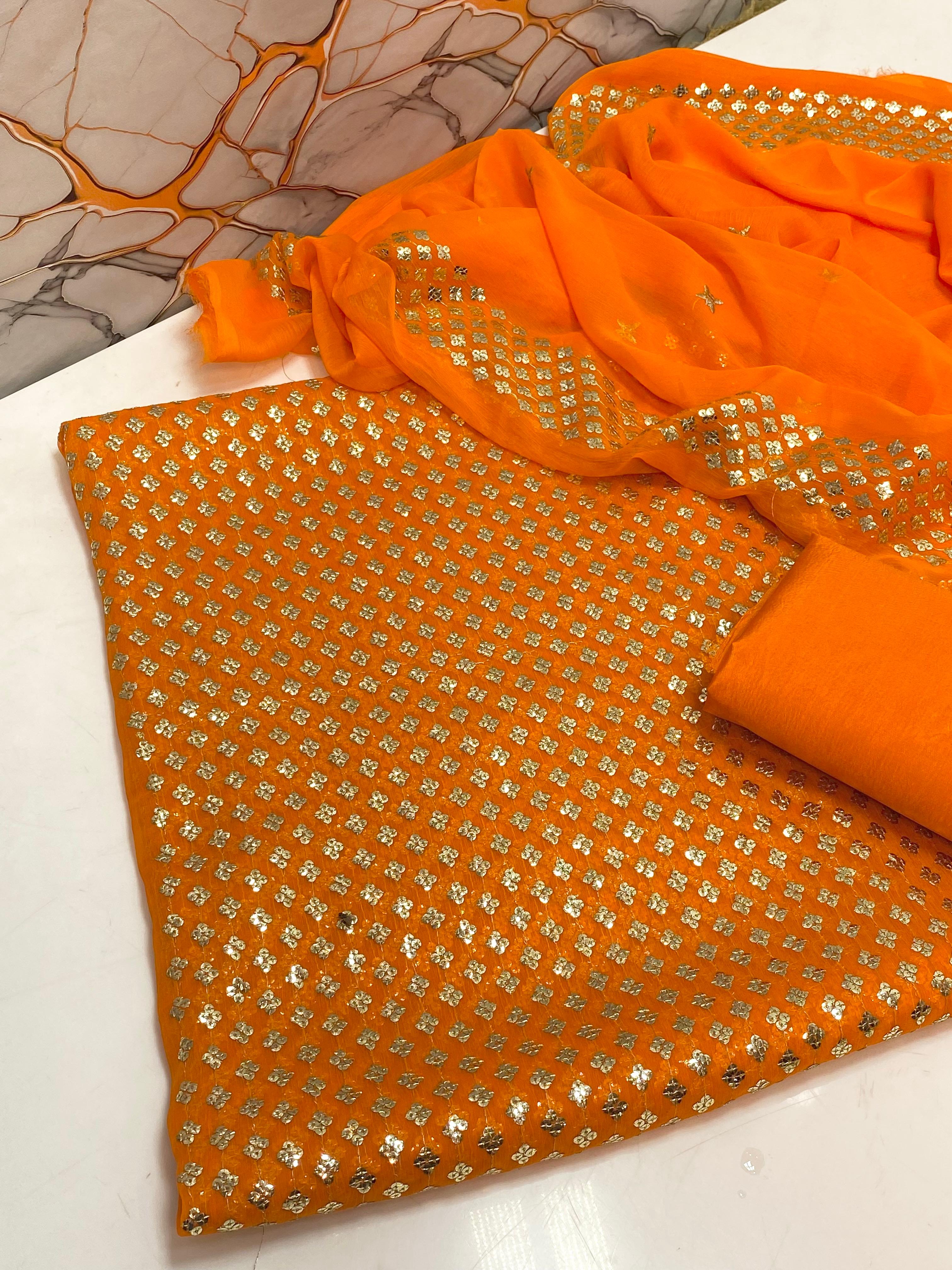Chiffon  sequence embroidery front back same 
Chiffonc sequence border work dupatta 
Katan silk trousers 
3 piece dress 👗 👗
