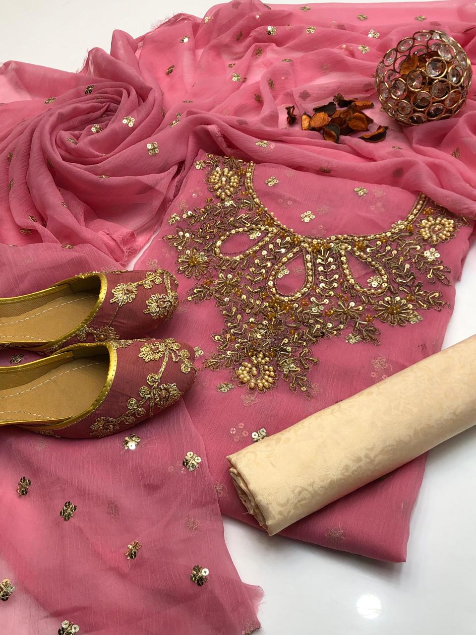 Handmade collection 
Most Beautiful & demanded article 
Shafon boti work & handmad work shirt
Shafon boti work duppata
Masoori trouser
With khusa for gift 🎁 (6-10)