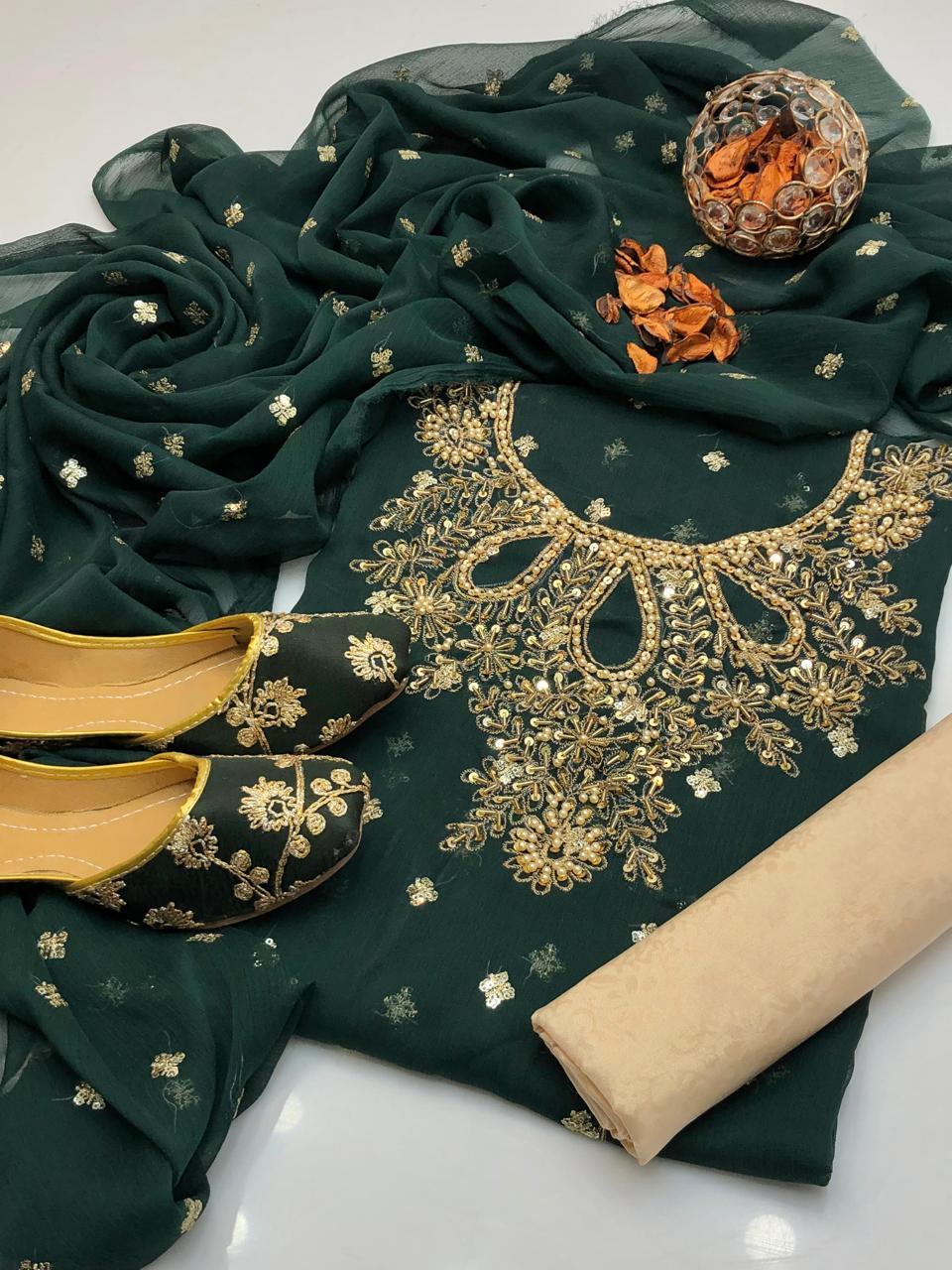 Handmade collection 
Most Beautiful & demanded article 
Shafon boti work & handmad work shirt
Shafon boti work duppata
Masoori trouser
With khusa for gift 🎁 (6-10)