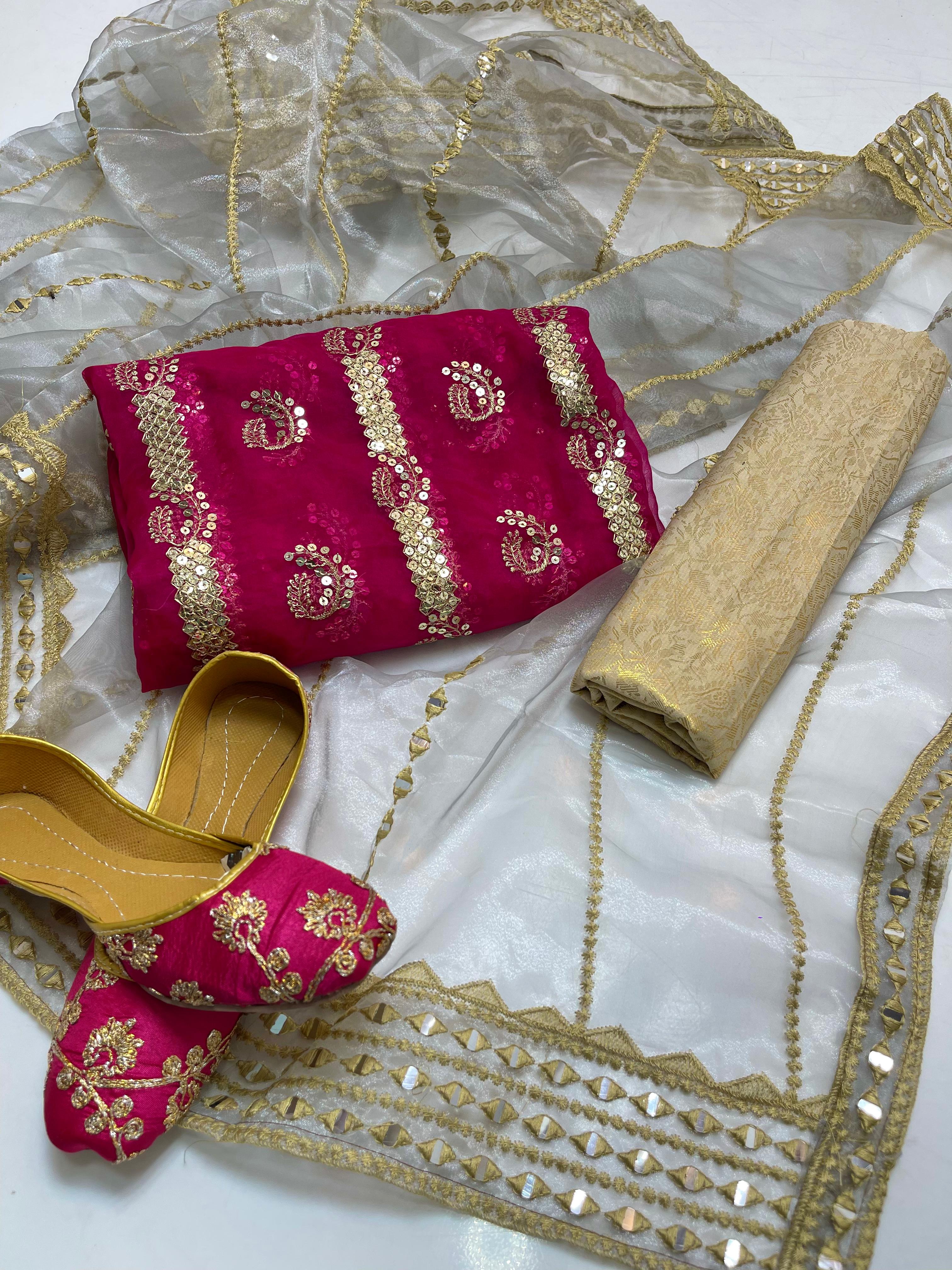 Organza embroidery front back same shirt 
Tissue beautiful embroidery work duppata 
Jamawar banarsi trouser 
With khusa