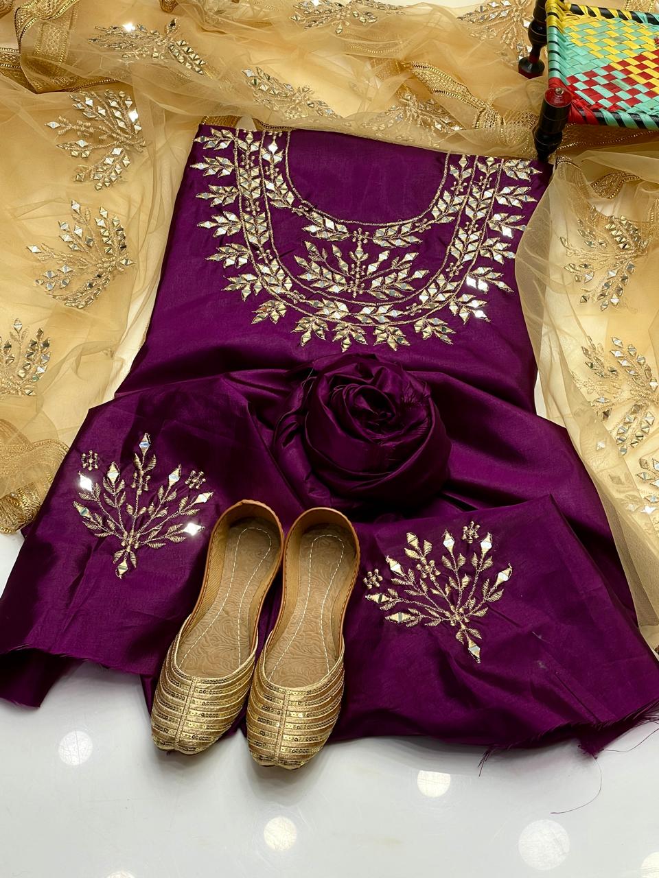 Raw Silk Mirror work Shirt Neck , Sleeves work , Net mirror dupatta,along Raw silk trouser