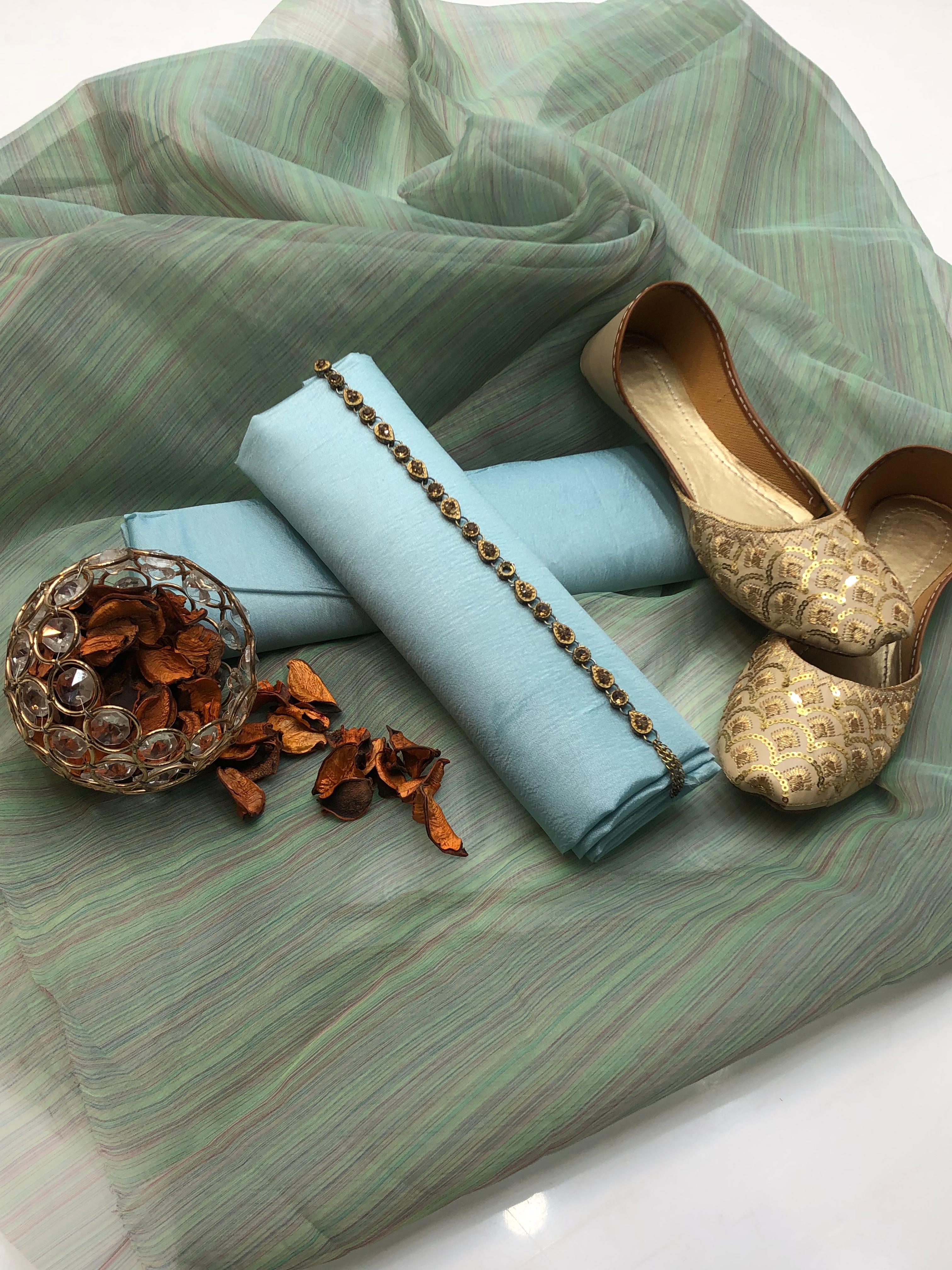 ✅Katan plan shirt
✅Organza zari border duppata 
✅Kataan silk trouser 
✅ with khusa