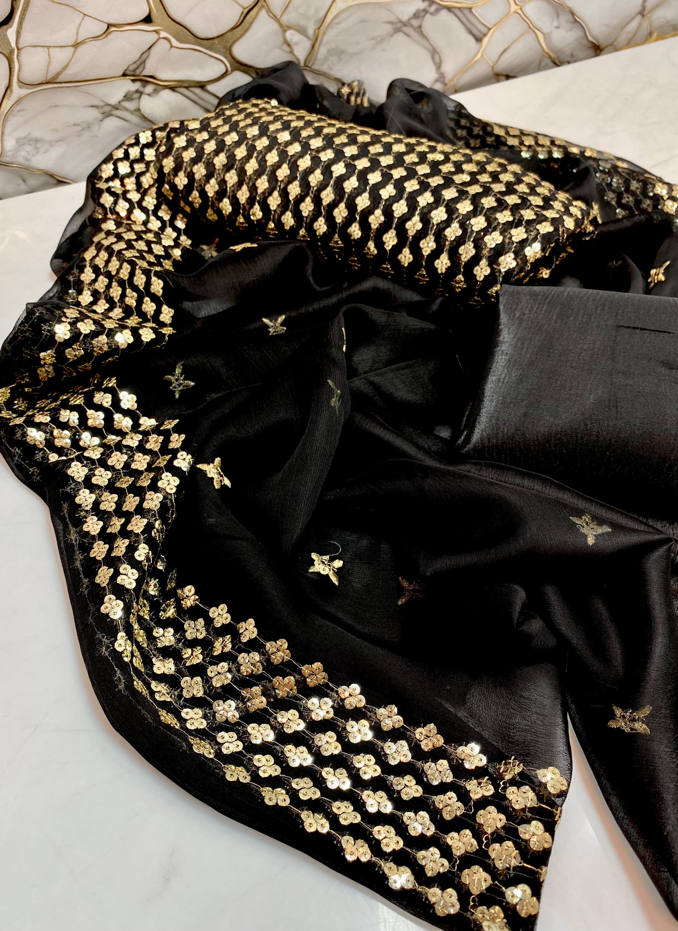 Chiffon  sequence embroidery front back same 
Chiffonc sequence border work dupatta 
Katan silk trousers 
3 piece dress 👗 👗