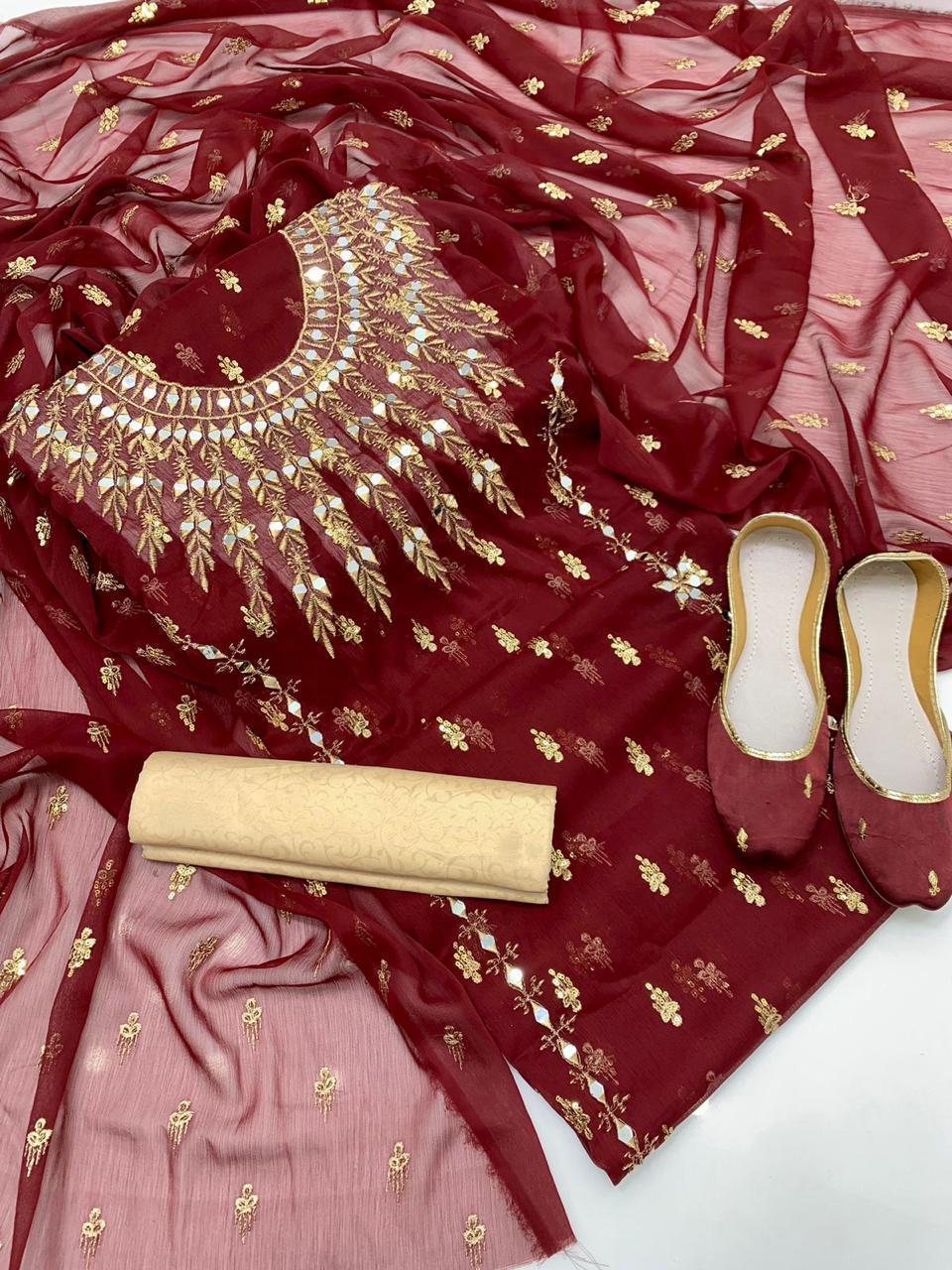 🔥Most Demanding Artical 🔥 
Shafon boti work & mirror work shirt
Shafon boti work duppata
Masoori trouser
With khusa