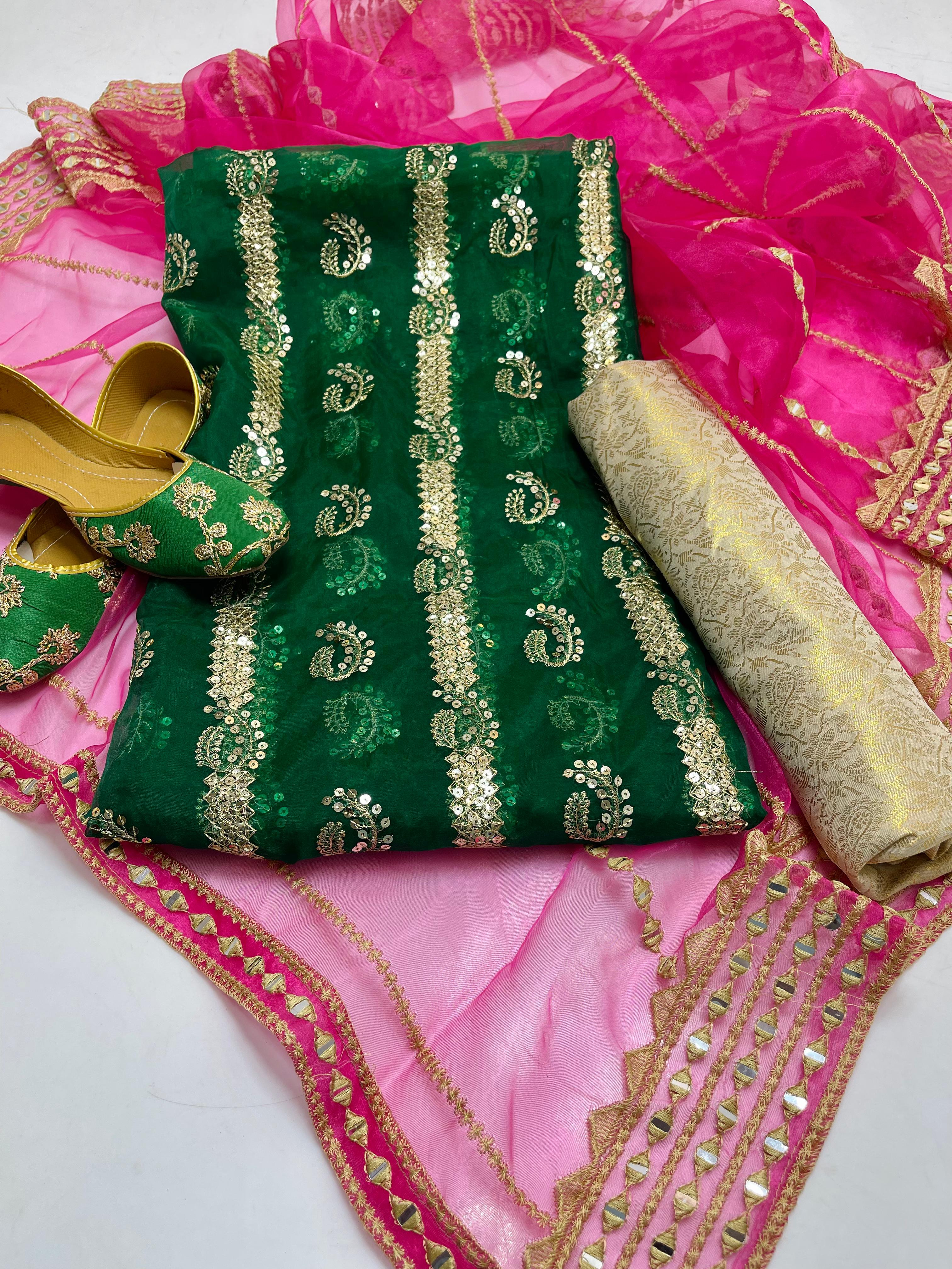 Organza embroidery front back same shirt 
Tissue beautiful embroidery work duppata 
Jamawar banarsi trouser 
With khusa