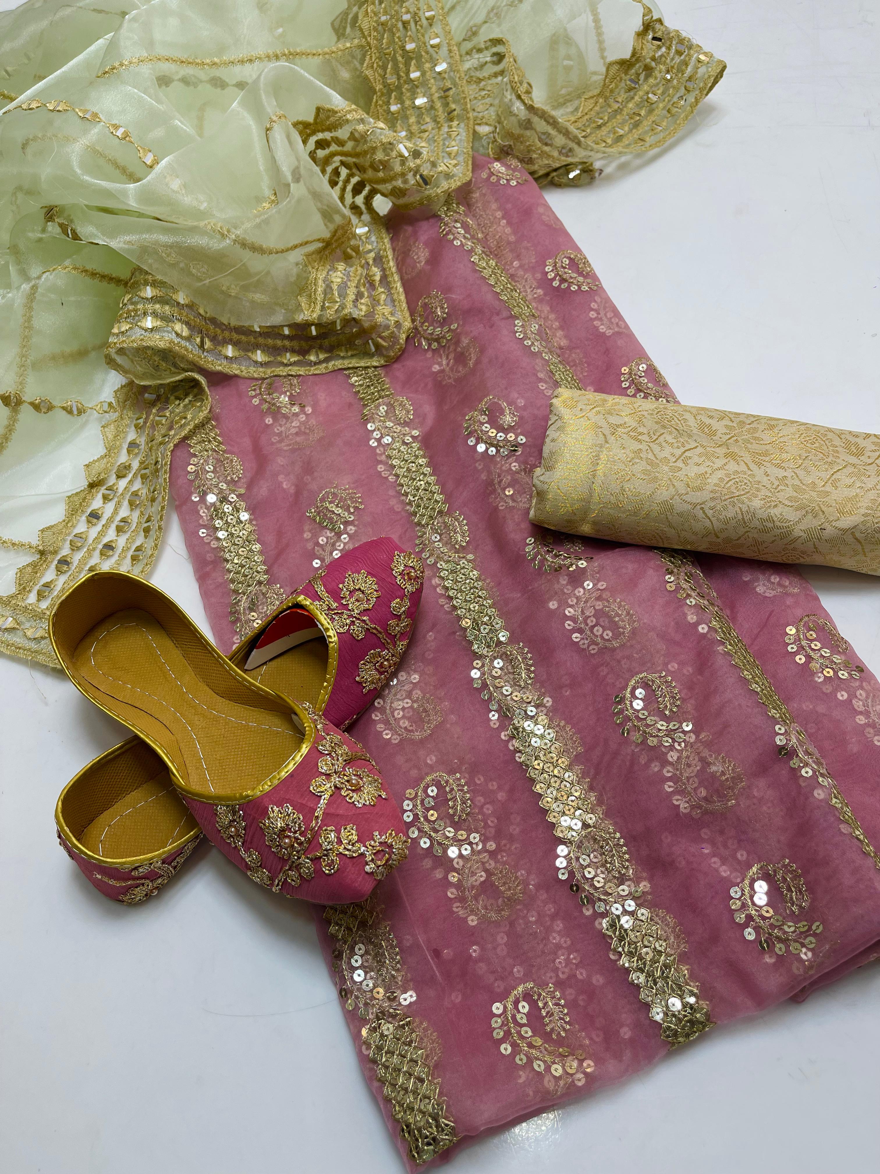 Organza embroidery front back same shirt 
Tissue beautiful embroidery work duppata 
Jamawar banarsi trouser 
With khusa