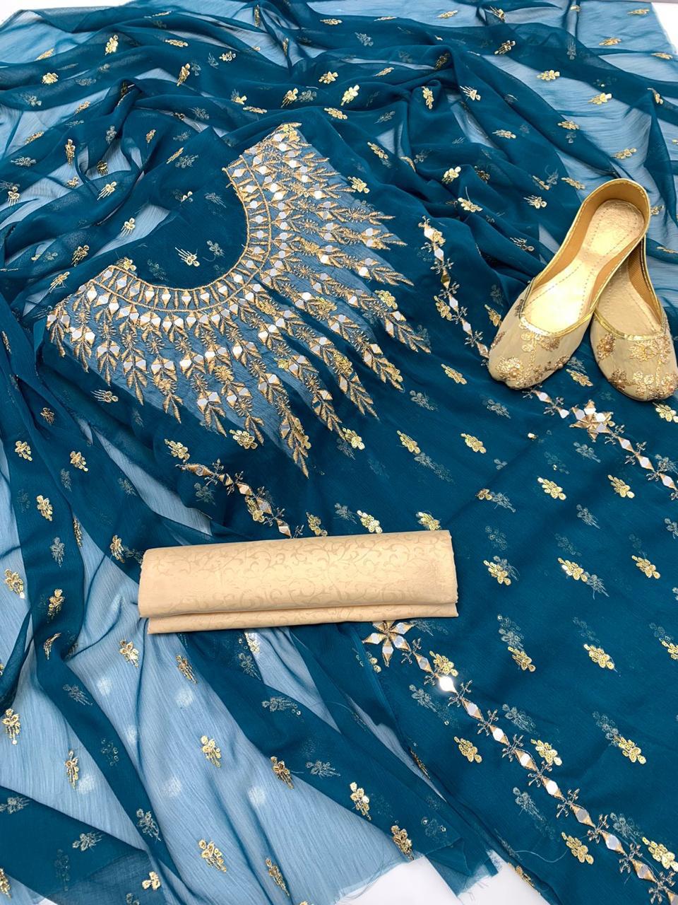 🔥Most Demanding Artical 🔥 
Shafon boti work & mirror work shirt
Shafon boti work duppata
Masoori trouser
With khusa