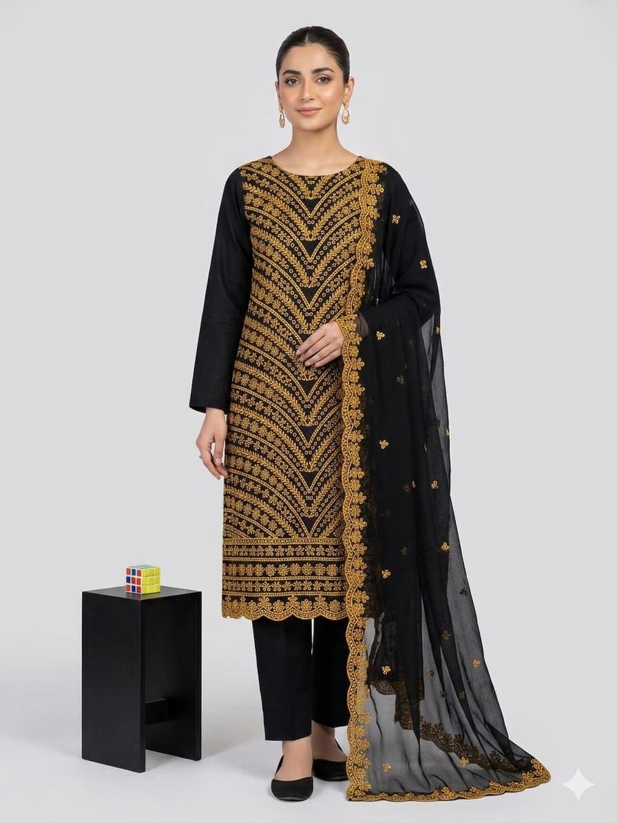 ❇️Stuff Lawn Cotton 
3pc Dress 👗 
❇️Shirt Chickenkari Boring All Over Embroidery 
❇️Dupataa Chiffon Cut Work Boring Embroidery 
❇️Plain Sleeves &  Trouser