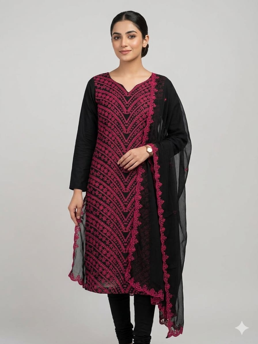 ❇️Stuff Lawn Cotton 
3pc Dress 👗 
❇️Shirt Chickenkari Boring All Over Embroidery 
❇️Dupataa Chiffon Cut Work Boring Embroidery 
❇️Plain Sleeves &  Trouser