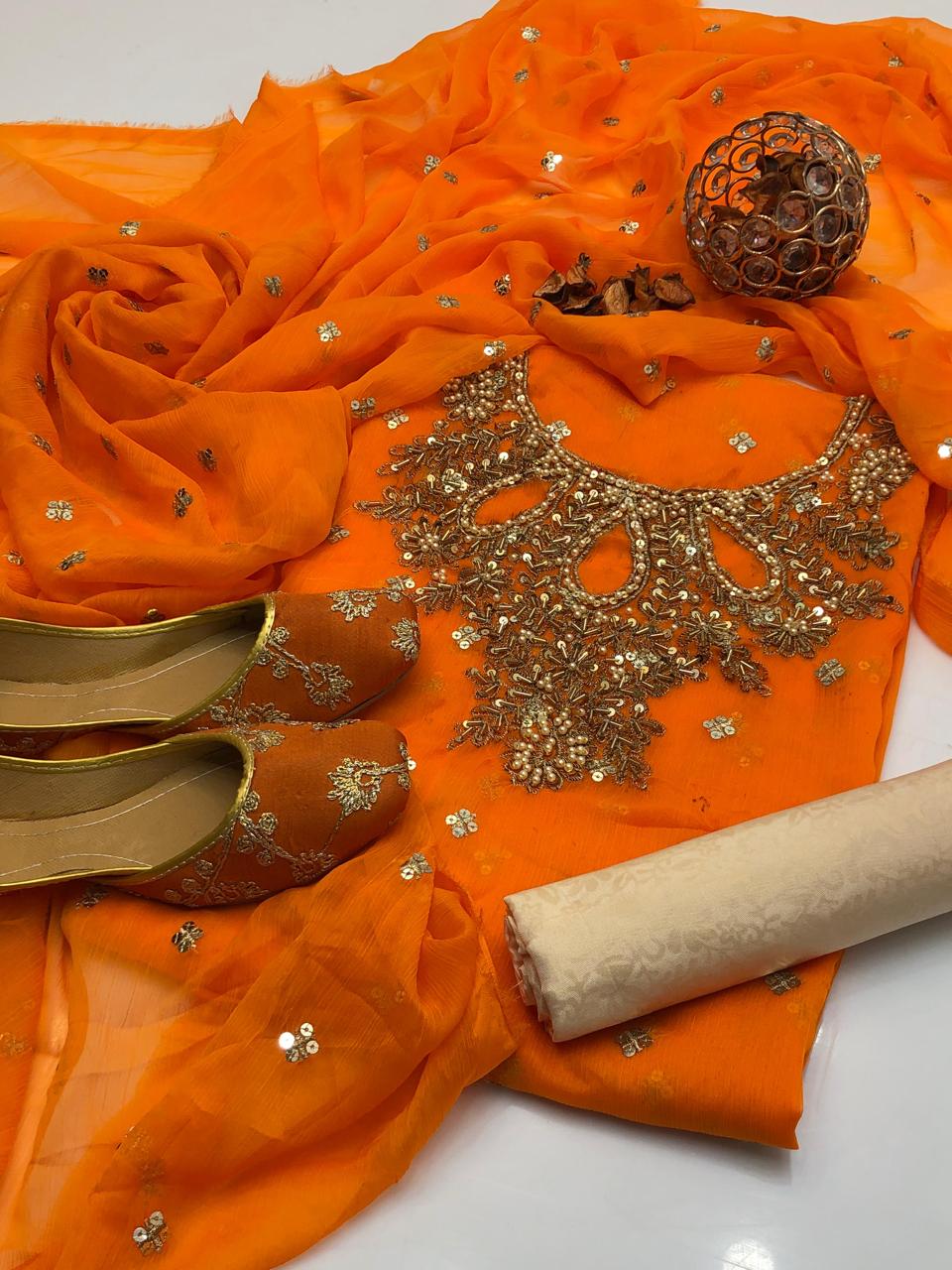 Handmade collection 
Most Beautiful & demanded article 
Shafon boti work & handmad work shirt
Shafon boti work duppata
Masoori trouser
With khusa for gift 🎁 (6-10)